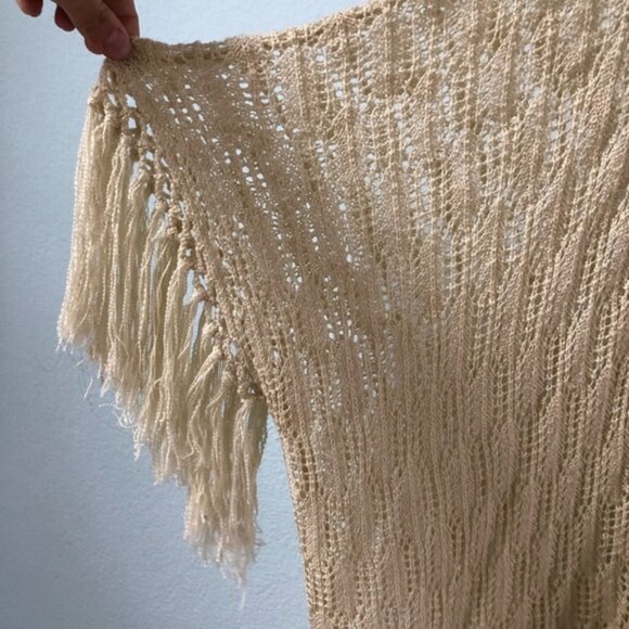 Women's PPLA Cream Open Knit Kimono w/Fringe Trim on Hem & Sleeves, Size S/M - Picture 3 of 9